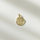 Top View of charm: Burn the Boats Motivational Charm Pendant Jewelry in Gold by Lat & Lo- Wax seal-Coin shaped jewelry-gift jewelry-inspiring necklace charm