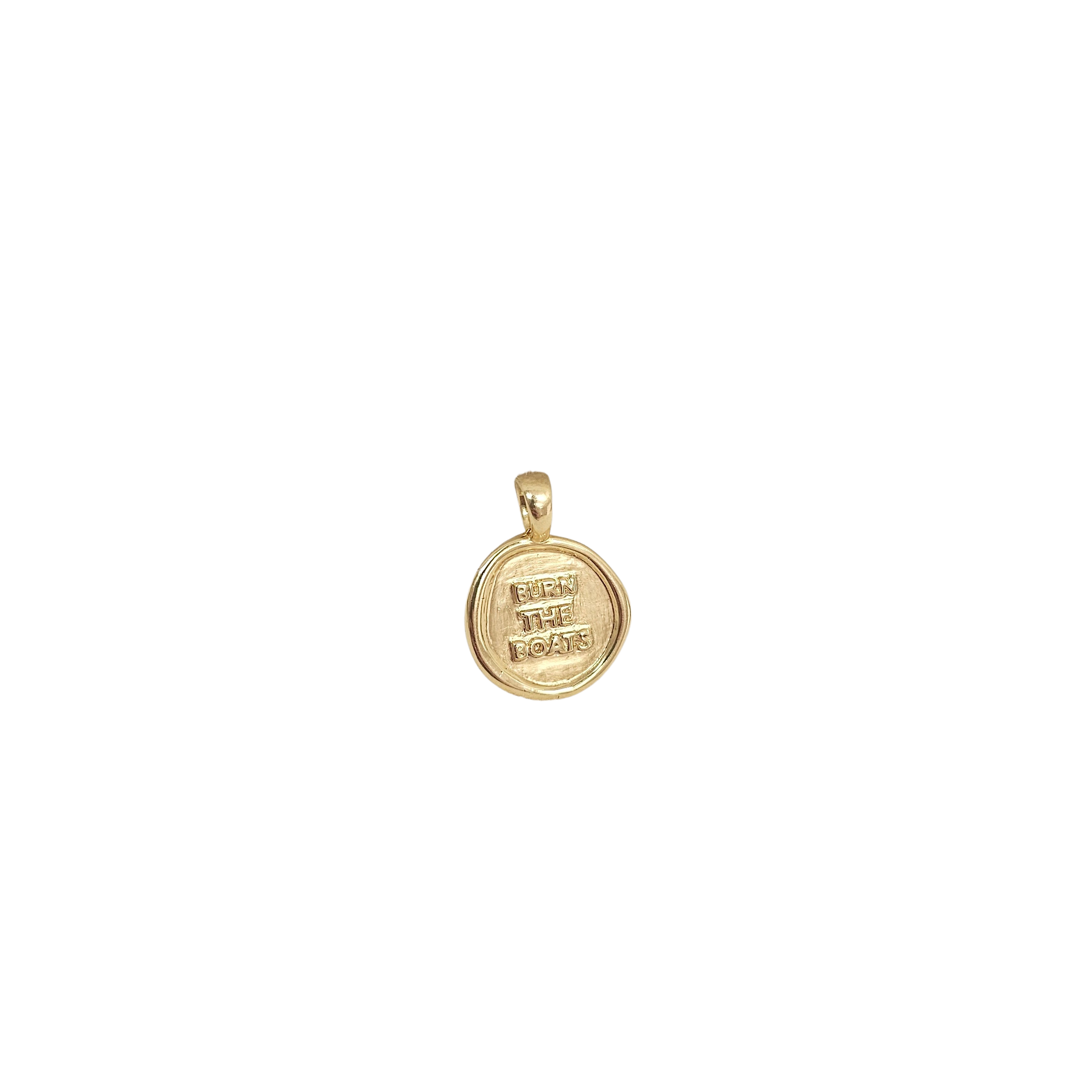 Burn the Boats Motivational Charm Pendant Jewelry in Gold by Lat & Lo- Wax seal-Coin shaped jewelry-gift jewelry-inspiring necklace charm