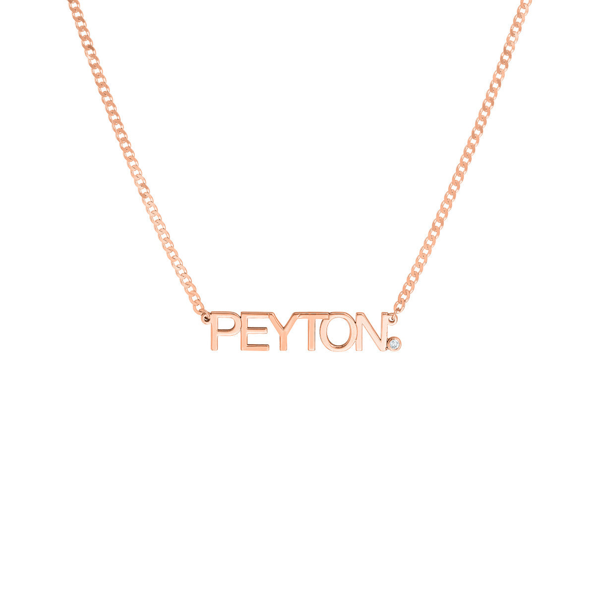 Rose gold personalized name plate necklace on a white background