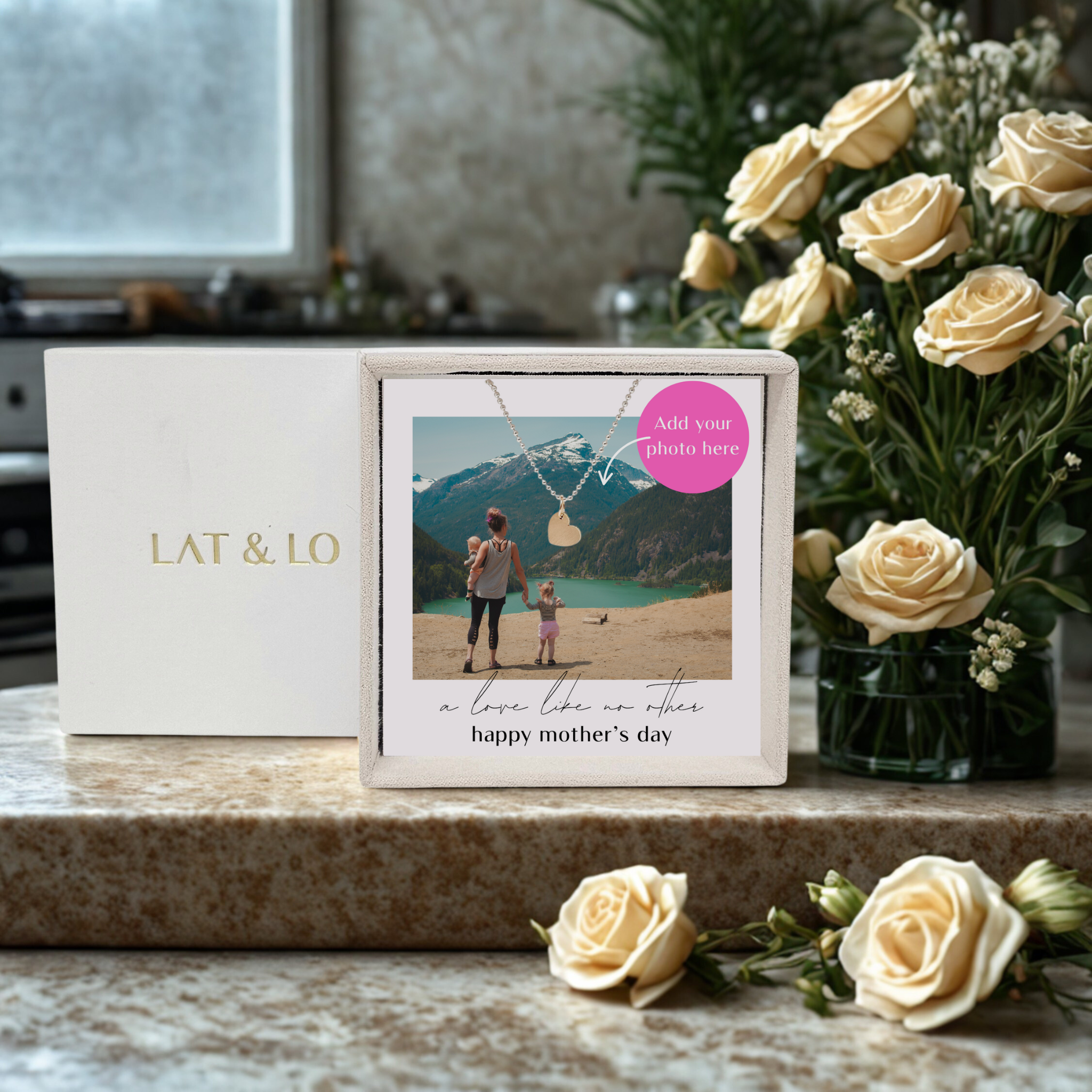 mothers day gift heart necklace-on tables with flowers-by Lat & Lo