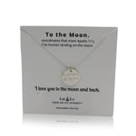 Lat & Lo Disc necklace, on To the Moon display card, inscribed with custom coordinates, sterling silver