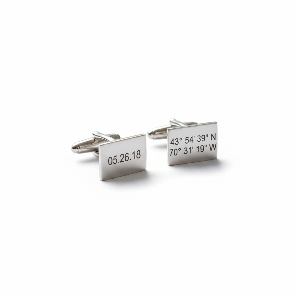 personalized cuff links in sterling silver engraved with coordinates on white background- Lat & Lo