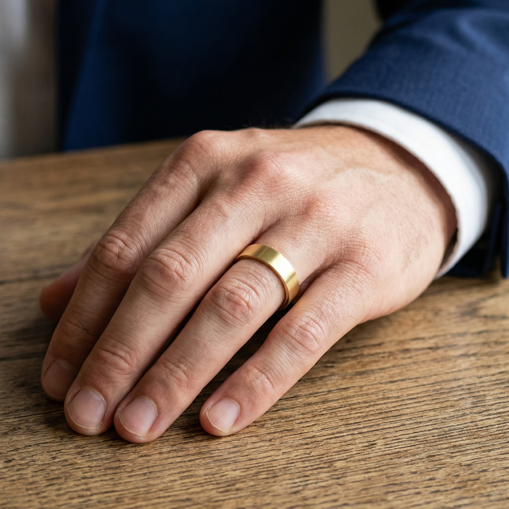Men's Wedding band with coordinates engraved inside, worn on hand in natural light — Lat & Lo