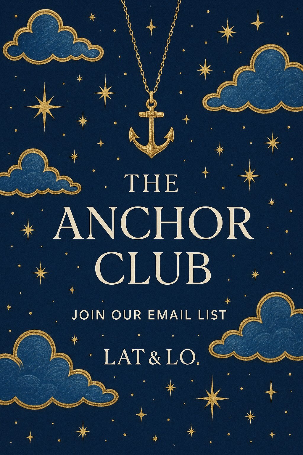 Promotional graphic for 'The Anchor Club' with anchor necklace, clouds, and stars on a dark blue background.
