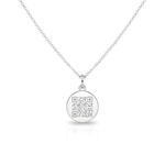 small silver round pendant with a QR engraved on it. The QR code can be personalised to lead to a unique link when scanned.