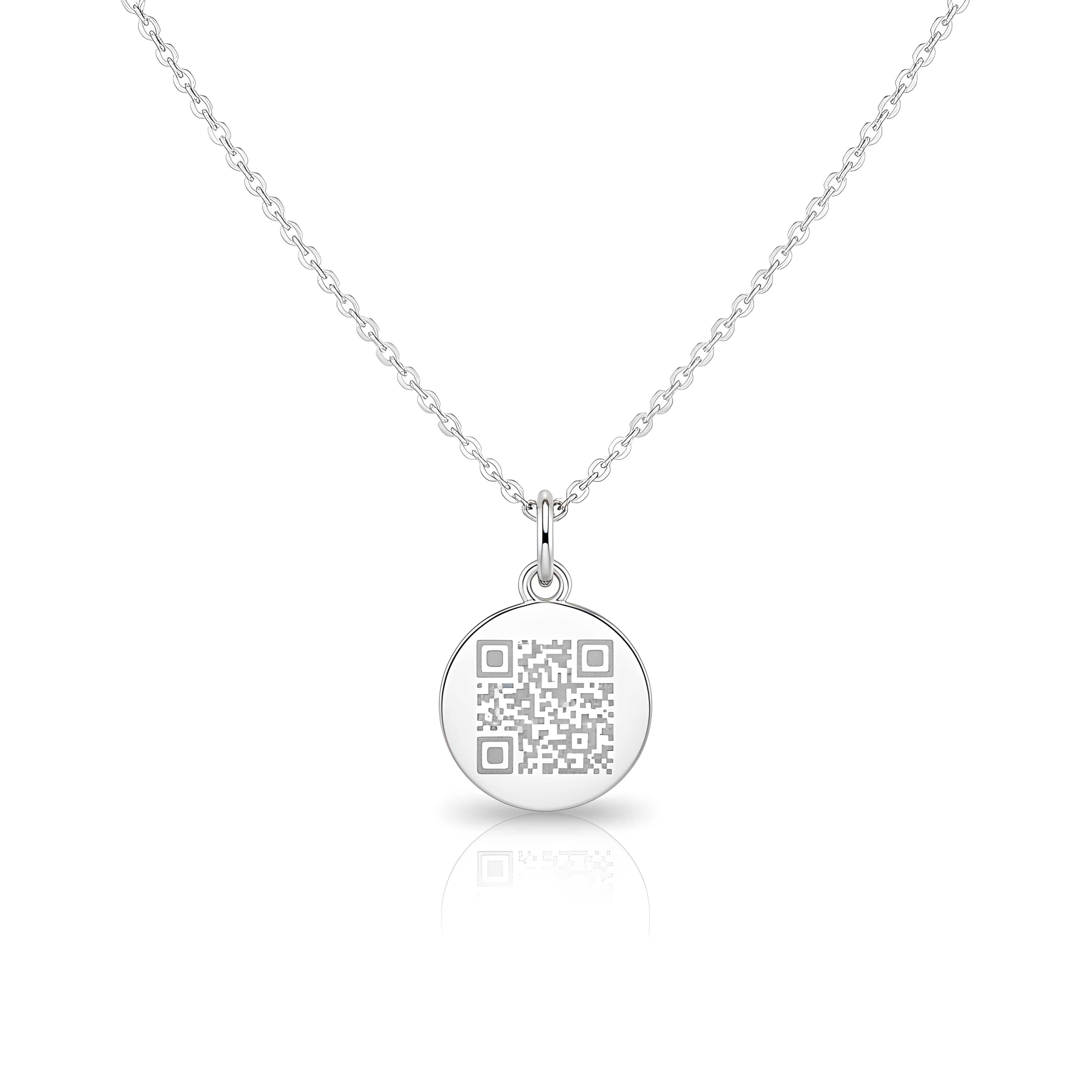 small silver round pendant with a QR engraved on it. The QR code can be personalised to lead to a unique link when scanned.