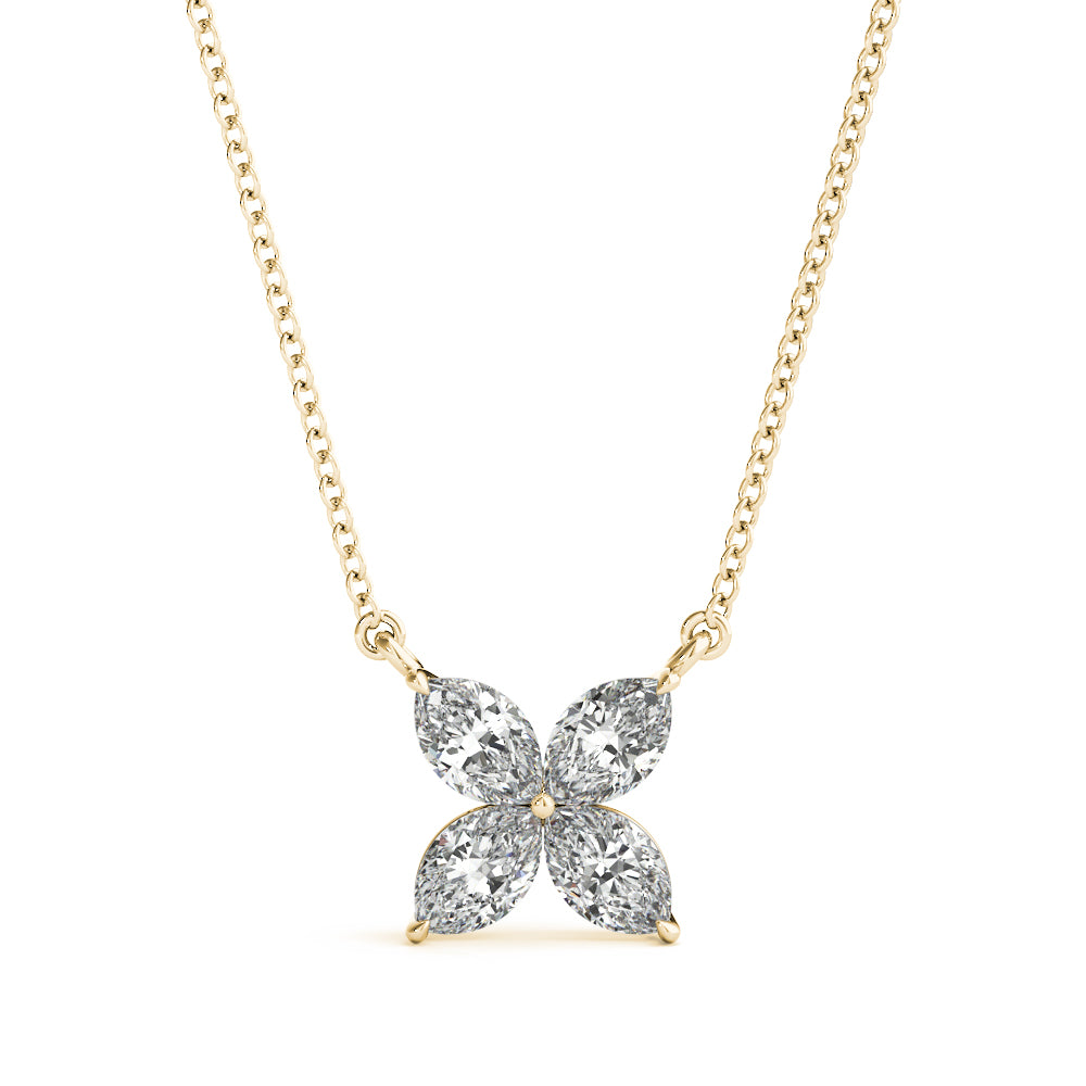 Diamond flower pendant on a gold chain against a white background