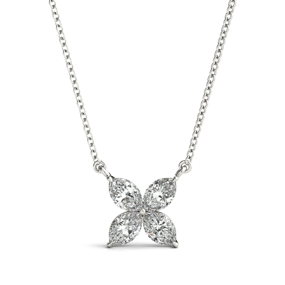 Diamond flower pendant on a chain against a white background