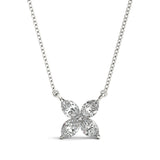 Diamond flower pendant on a chain against a white background