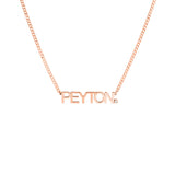 Rose gold personalized name plate necklace on a white background