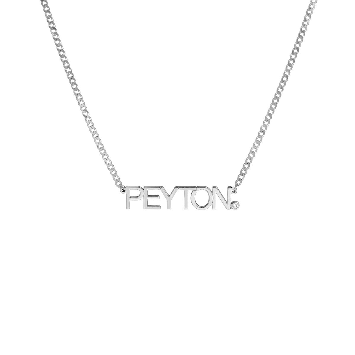 Silver necklace with personalized name pendant on a white background