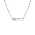 Silver necklace with personalized name pendant on a white background