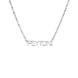 Silver necklace with personalized name pendant on a white background
