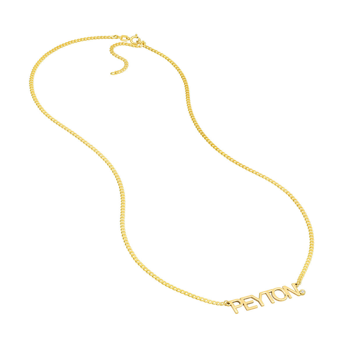 Gold necklace with a personalized name pendant on a white background