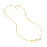 Gold necklace with a personalized name pendant on a white background