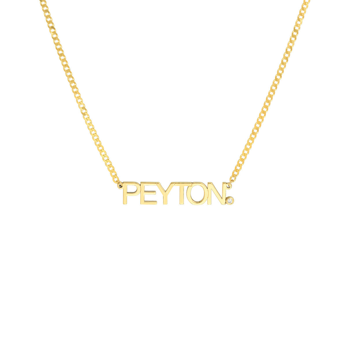 Gold necklace with 'PEYTON' pendant on a white background