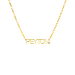Gold necklace with 'PEYTON' pendant on a white background