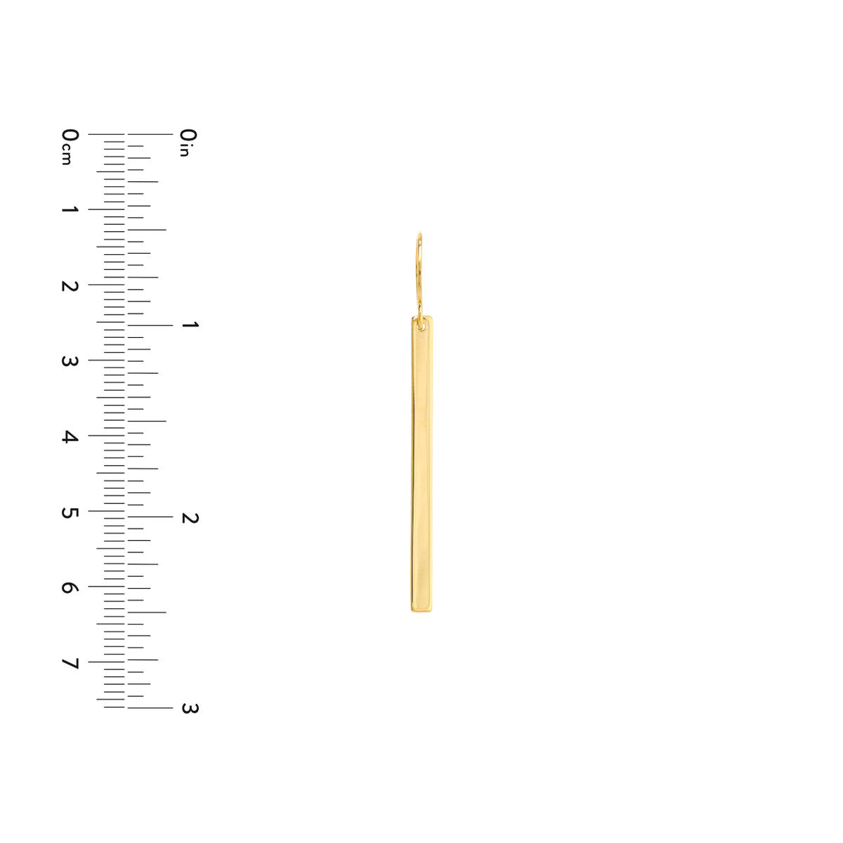 Gold Bar earrings next to a ruler on a white background for scale