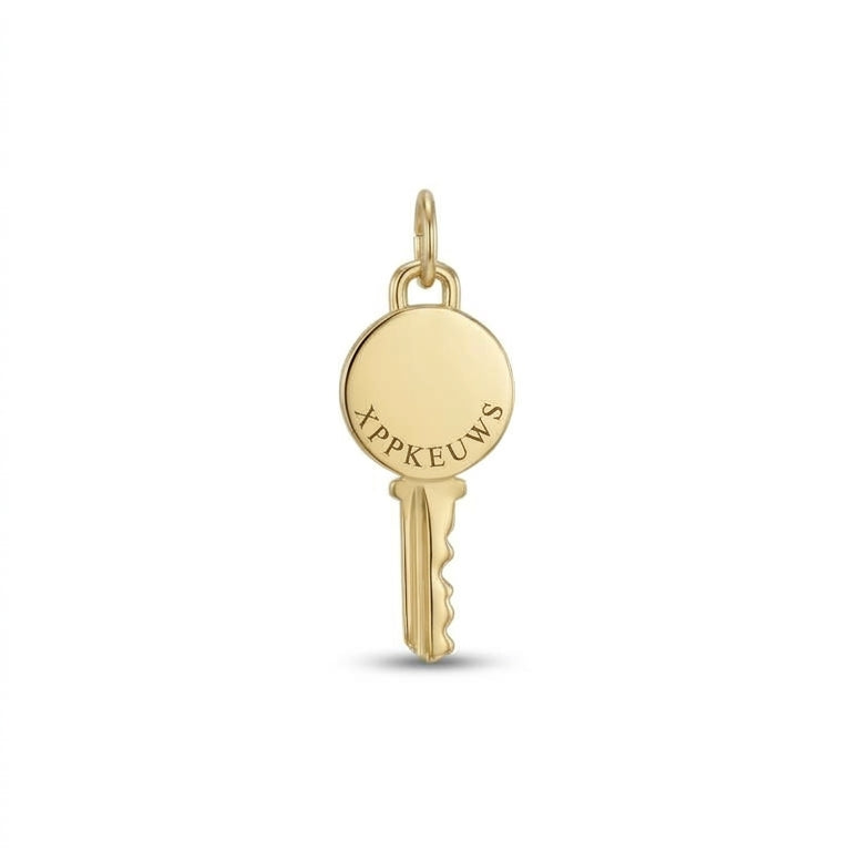 A gold key-shaped pendant charm engraved with a Lat & Lo Memory Code Key on a plain white background.