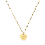 Gold necklace with a round pendant on a white background_engraved with cape cod_personalized by  Lat & Lo