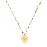 Gold necklace with a round pendant on a white background_engraved with cape cod_personalized by  Lat & Lo