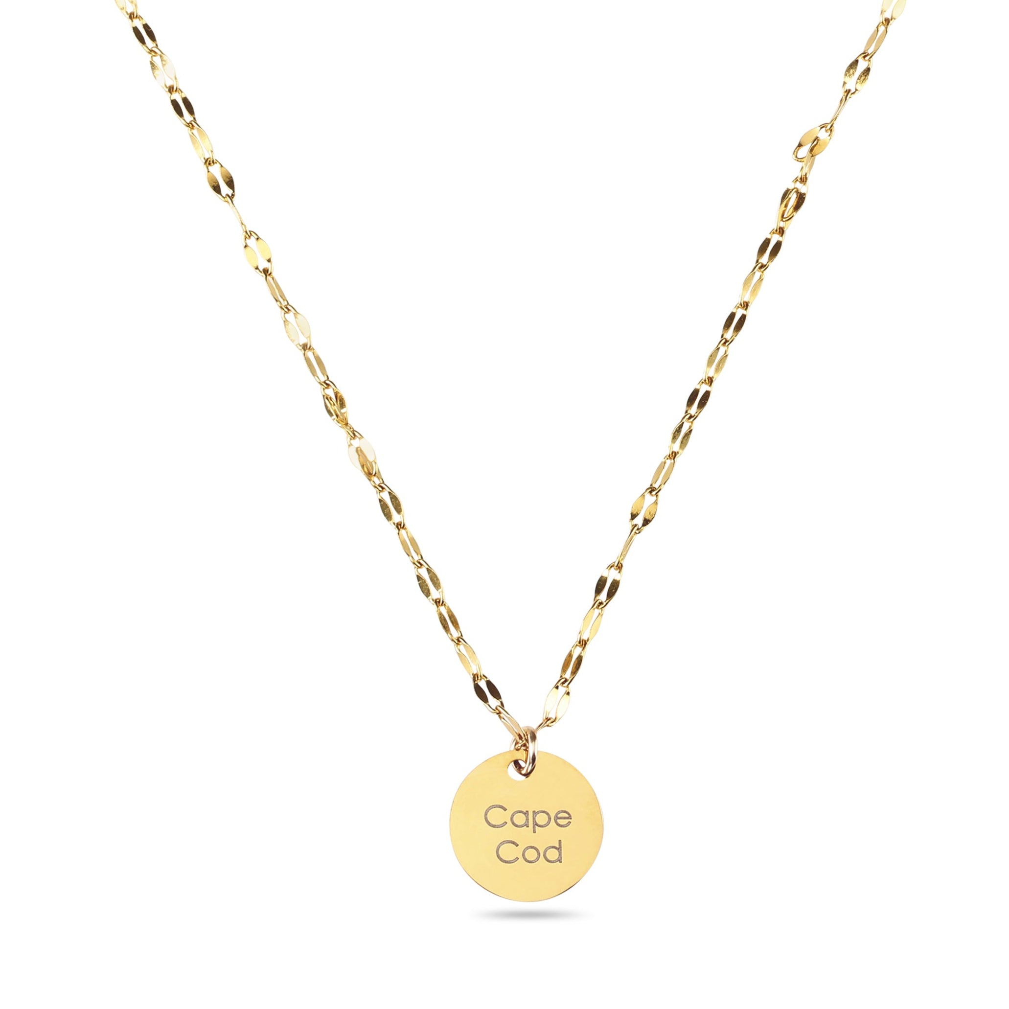 Gold necklace with a round pendant on a white background_engraved with cape cod_personalized by  Lat & Lo