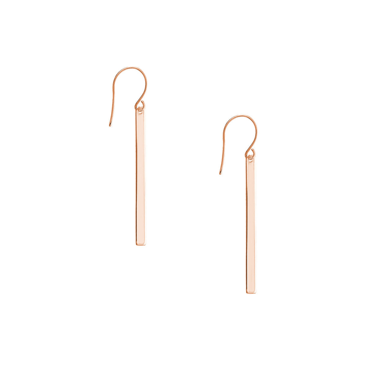 Rose gold bar earrings on a white background
