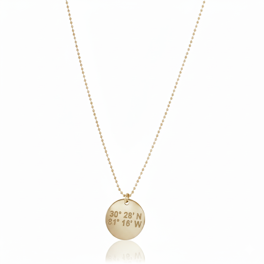 Atlantic Necklace - Lat & Lo™, round 13mm charm on beaded chain, 14K gold, gold-filled or sterling silver