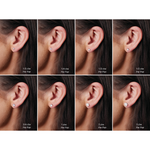 Collage of earrings worn on ears with weight labels so you reference diamond size on ears to see how big they look at each different carat size.