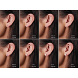 Collage of earrings worn on ears with weight labels so you reference diamond size on ears to see how big they look at each different carat size.