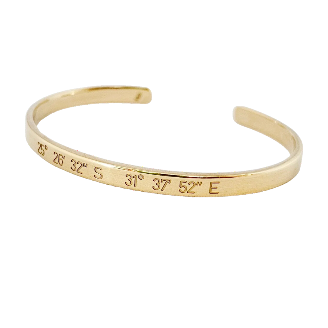gold plated over silver-skinny personalized cuff bracelet with coordinates or name or dates