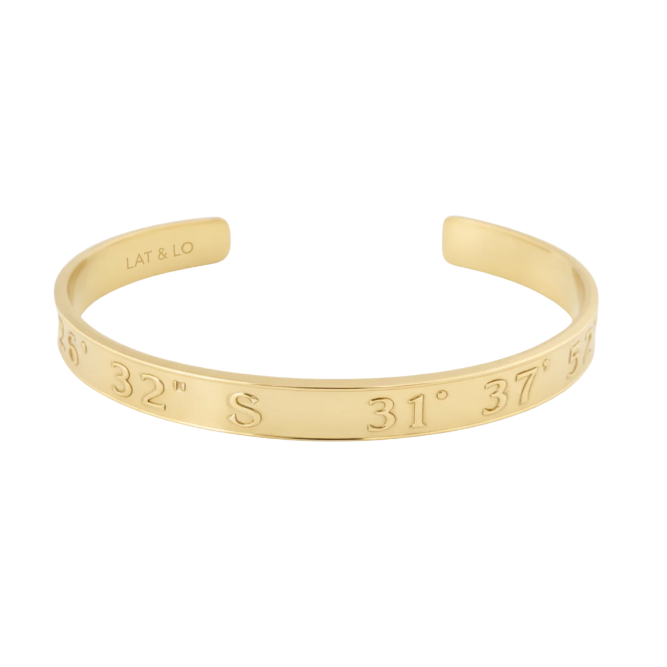 Gold bracelet with engraved measurements on a white background