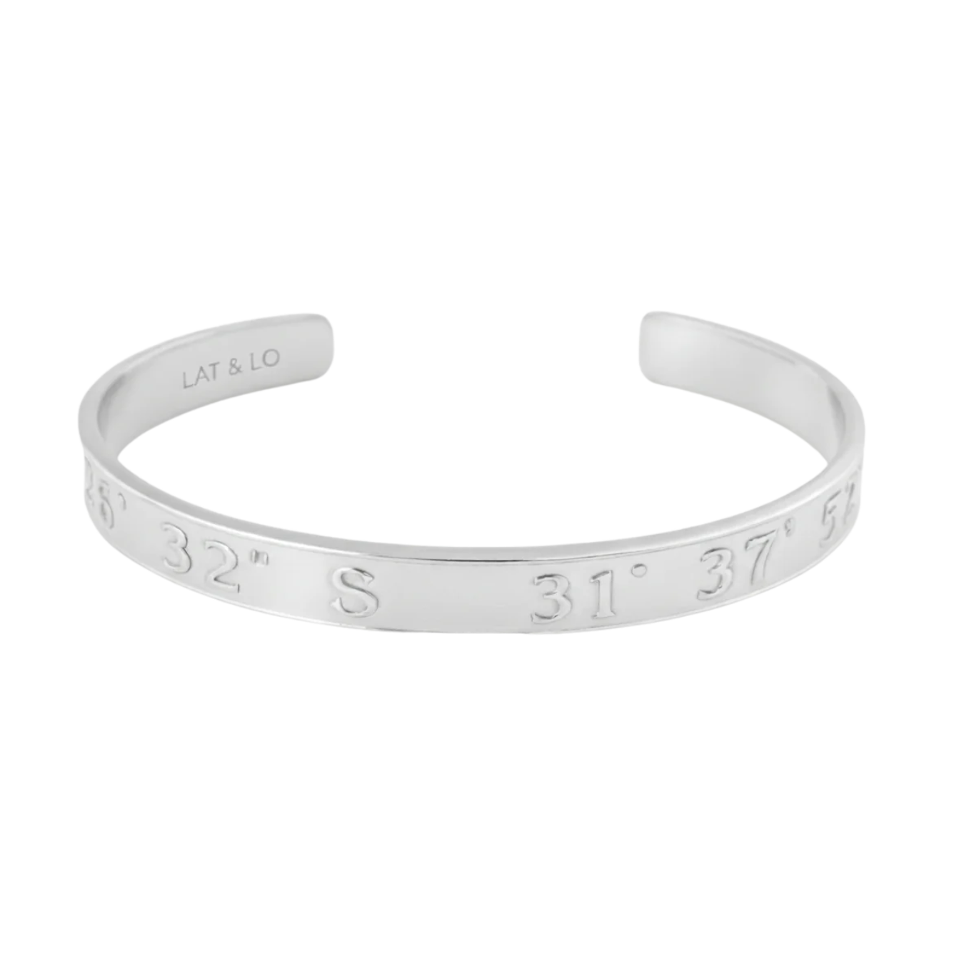 Silver bracelet with engraved coordinates on a white background