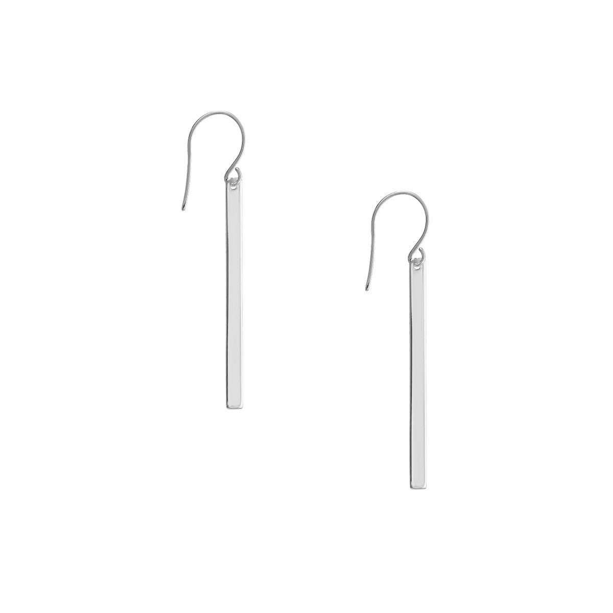 Pair of silver bar earrings on a white background- white gold earrings