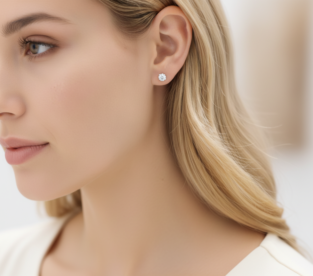 Close-up of a woman wearing diamond stud earrings with a blurred background