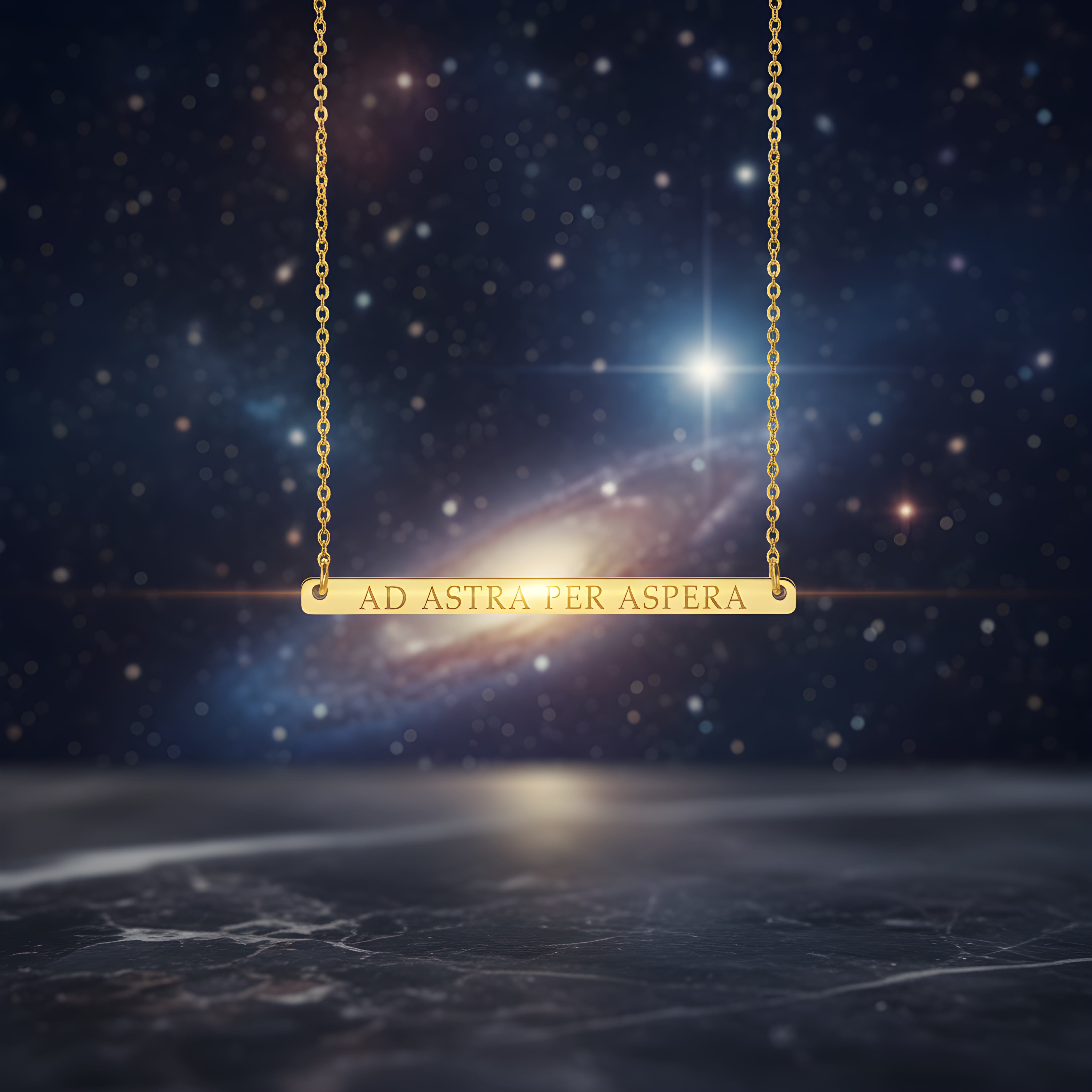 Gold necklace with 'AD ASTRA PER ASPERA' pendant against a starry night sky