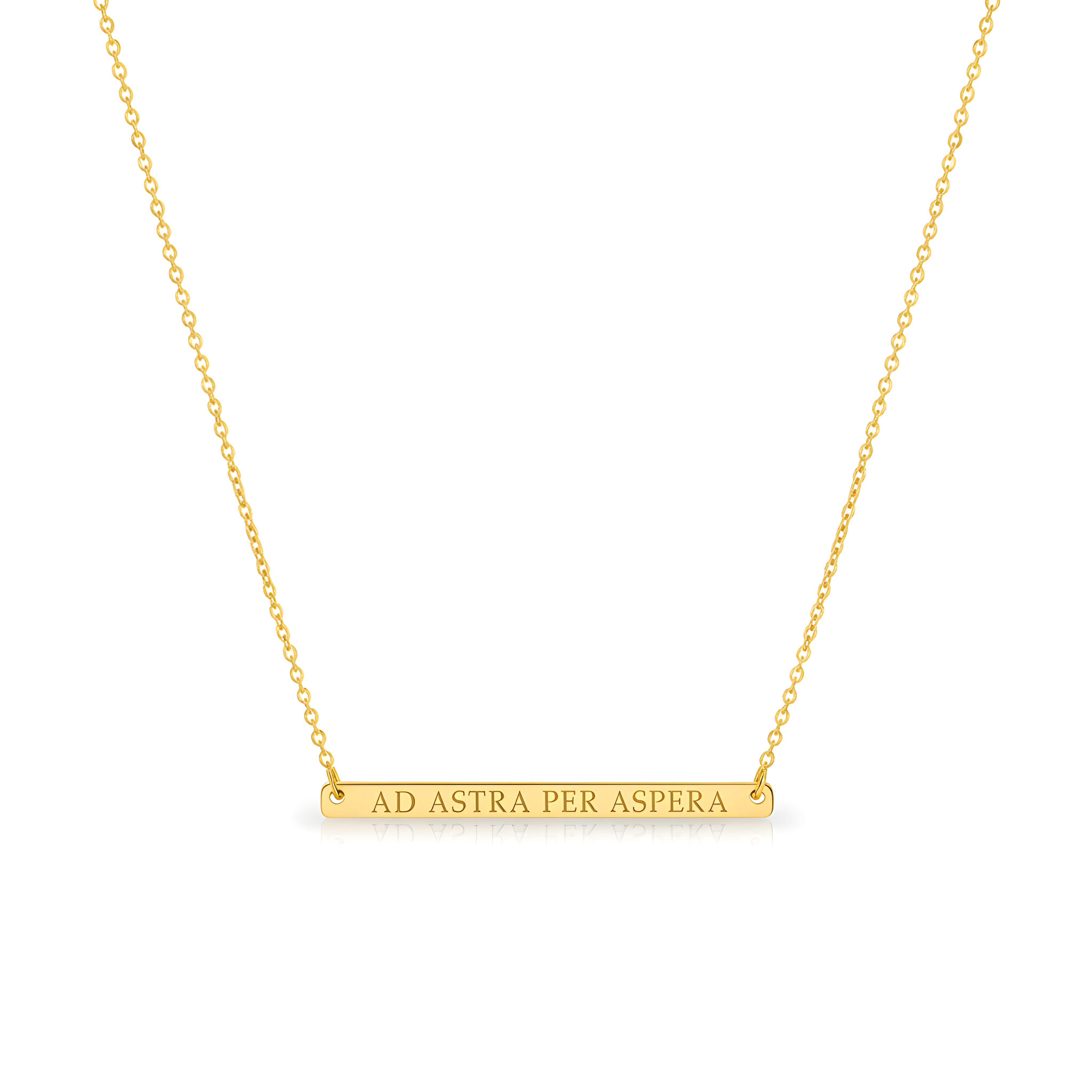 Gold necklace with engraved text: AD ATRA PER ASPERA on a white background