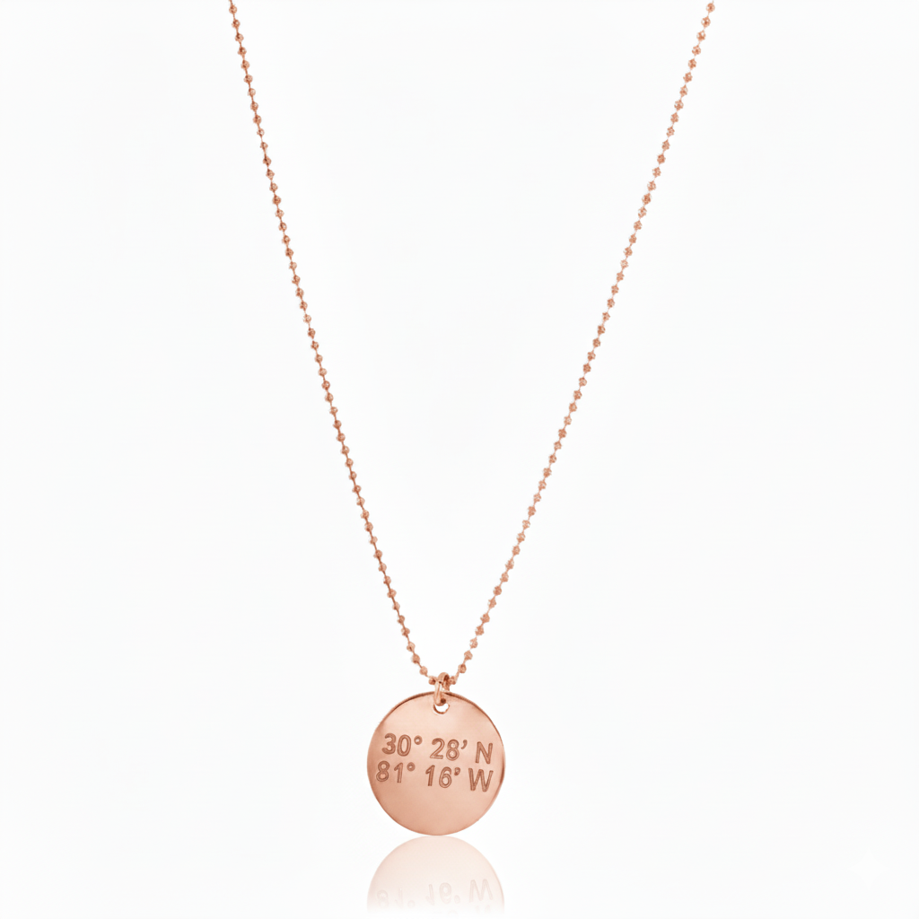 Atlantic Necklace - Lat & Lo™, round 13mm charm on beaded chain, 14K gold, gold-filled or sterling silver. coordinates necklace.