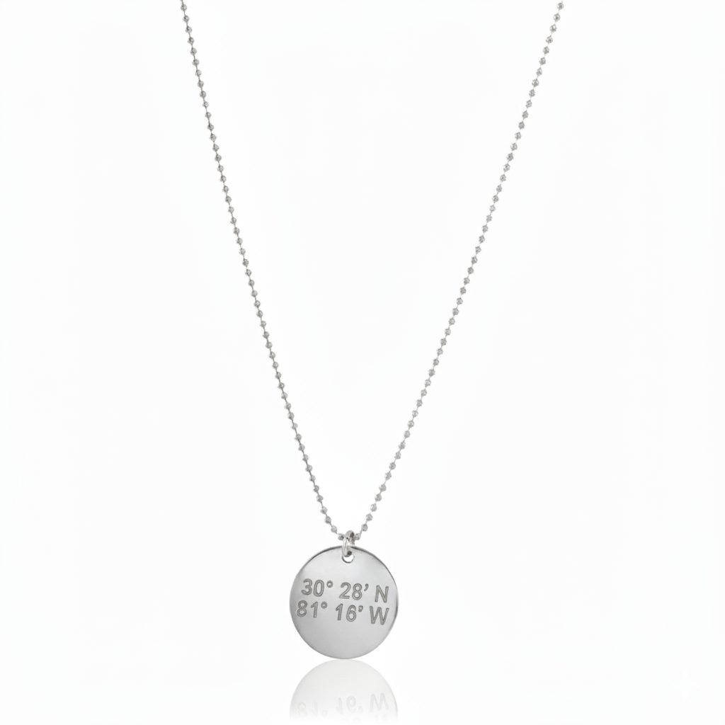 Atlantic Necklace - Lat & Lo™, round 13mm charm on beaded chain, 14K gold, gold-filled or sterling silver. coordinates necklace.