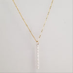 Lat & Lo Bicoastal necklace, sterling silver vertical column pendant on yellow gold filled bar and link chain, inscribed with coordinates