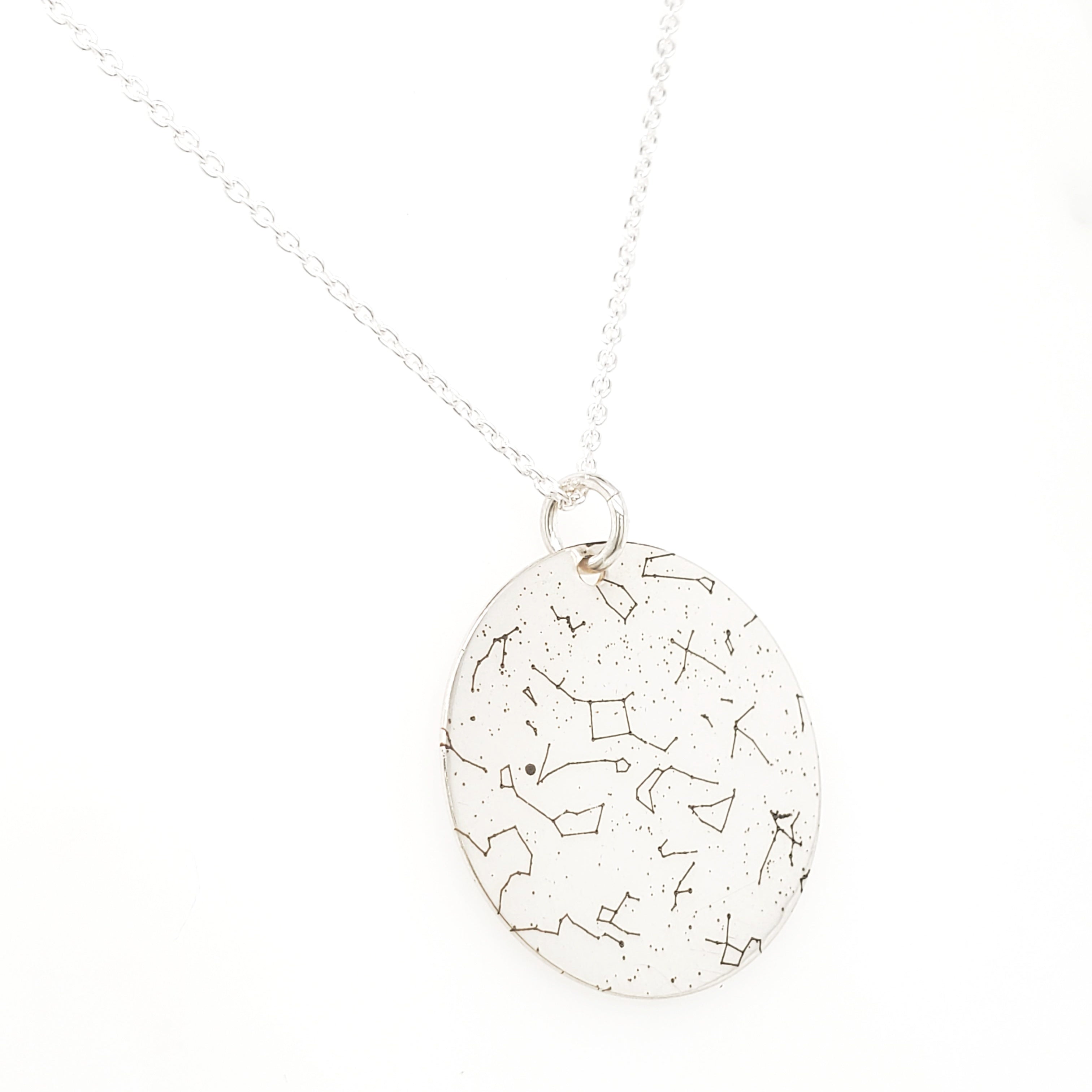 Custom Star Map Necklace in Sterling Silver by Lat & Lo. Disc Necklace.