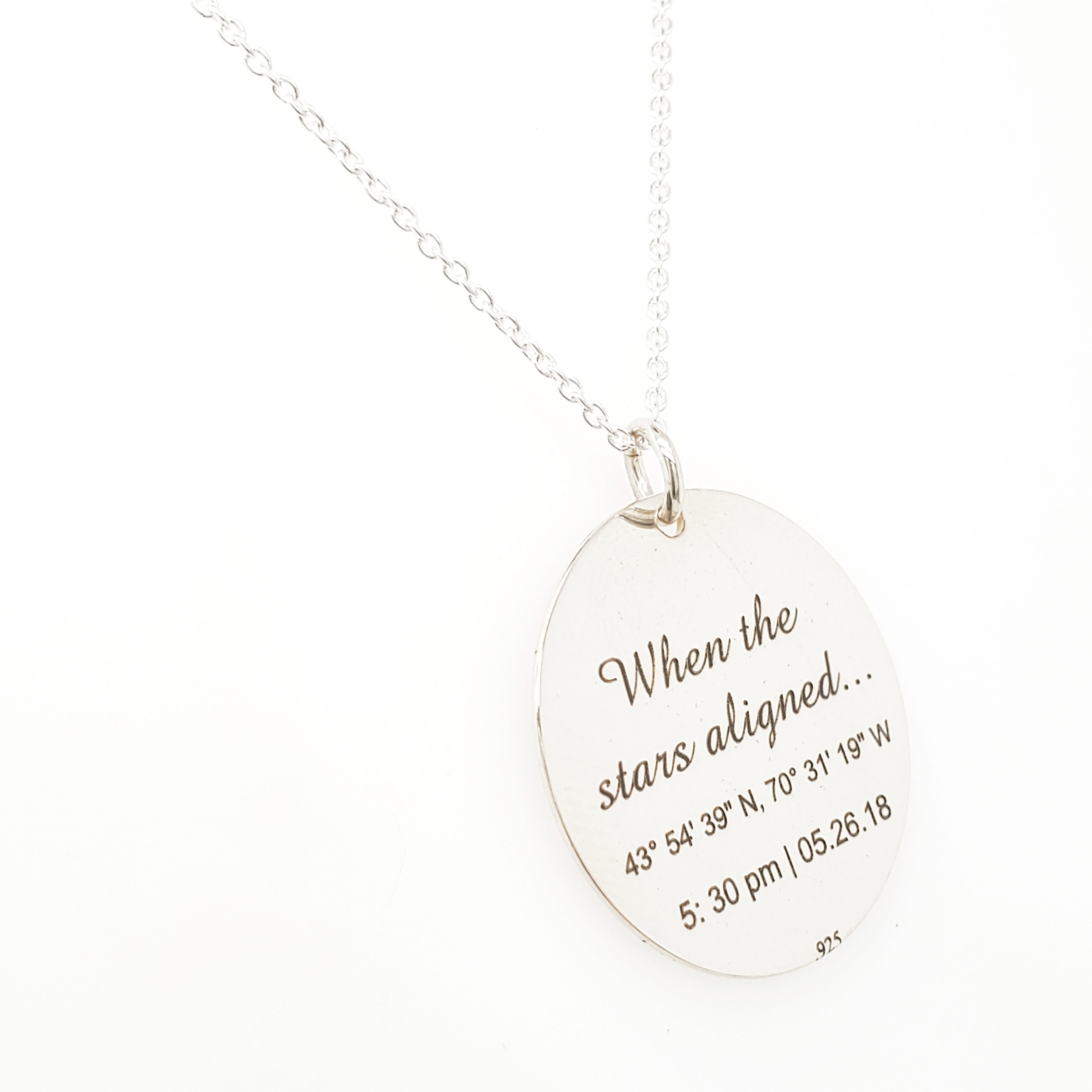 Custom Star Map Necklace in Sterling Silver by Lat & Lo. Custom back inscription example