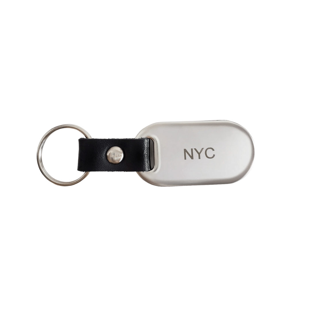 NYC back view of stainless steel and leather keychain engraved with ...