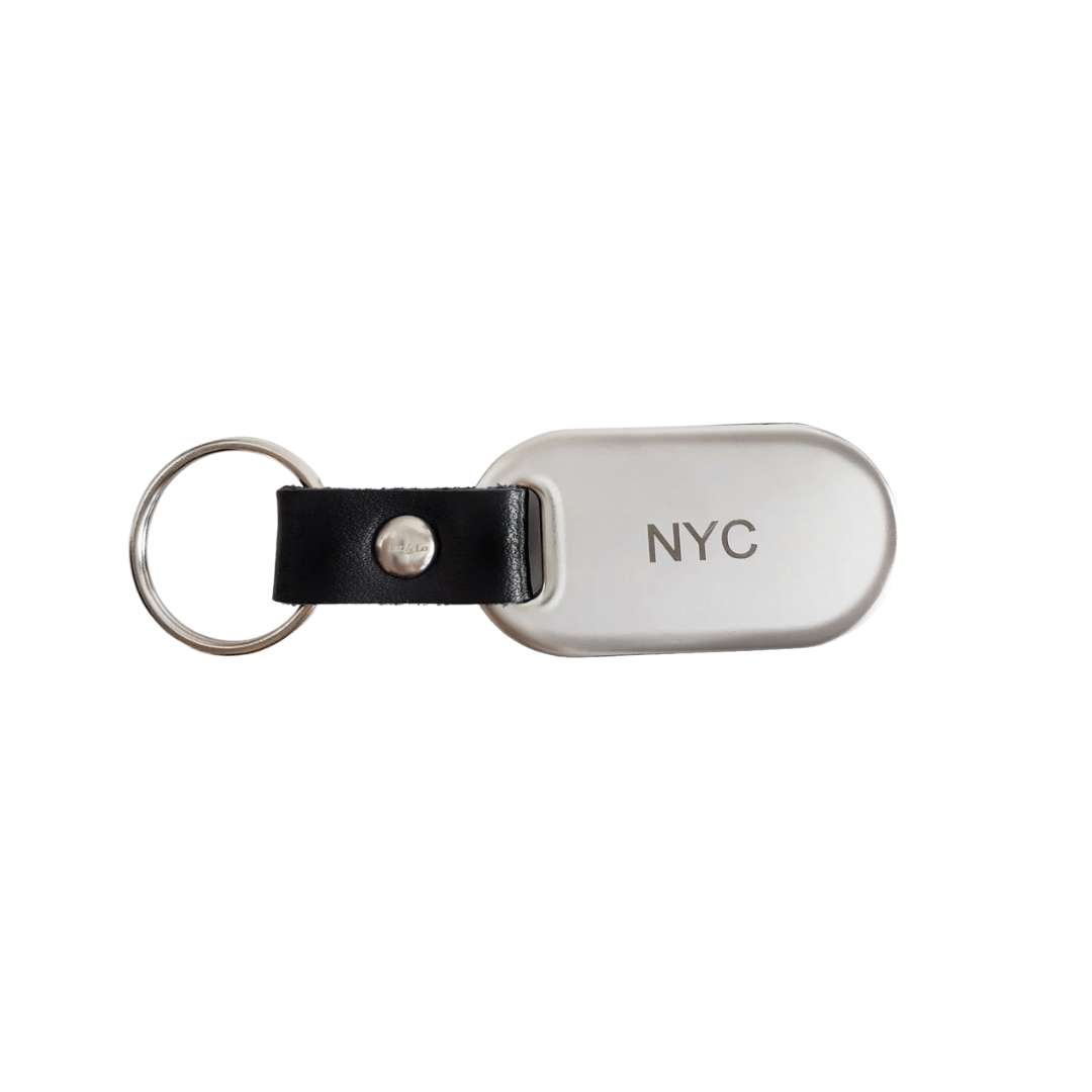 NYC back view of stainless steel and leather keychain engraved with latitude longitude coordinates by Lat & Lo. www.latandlo.com