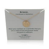 Lat & Lo Disc Necklace on a Grace display card, coordinates inscribed lead to Bethlehem, 14K gold filled
