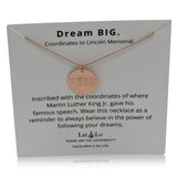 Lat & Lo disc necklace on Dream big, Lincoln Memorial display card, 14K Rose Gold Filled