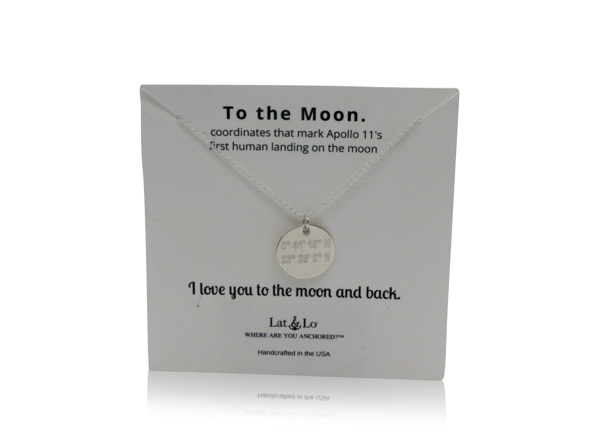 Lat & Lo Disc necklace, on To the Moon display card, inscribed with custom coordinates, sterling silver