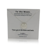 Lat & Lo Disc necklace, on To the Moon display card, inscribed with custom coordinates, sterling silver