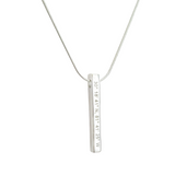 Sterling Silver coordinates necklace on white background. Column pendant. By Lat & Lo.