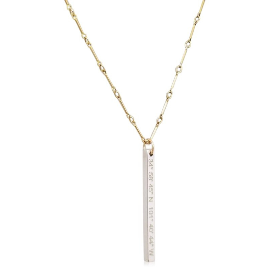 Lat & Lo Bicoastal necklace, sterling silver vertical column pendant on yellow gold filled bar and link chain, inscribed with coordinates